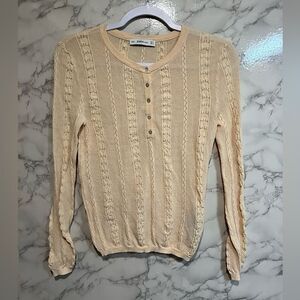 Zara Knit Peach Cream Loose Cable Knit Top 1/4 Button Long Sleeve Size M